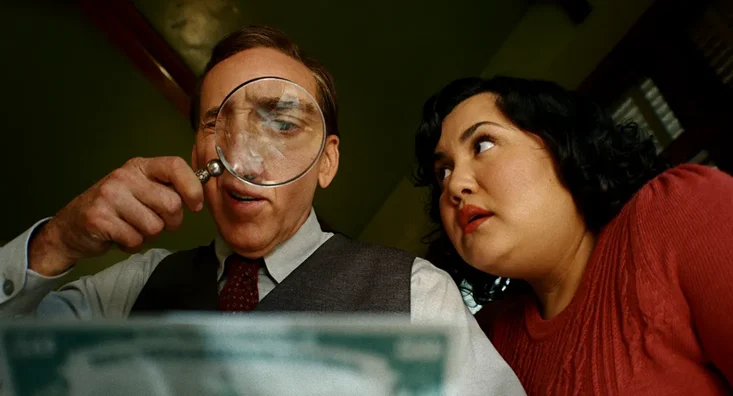 Nicolas Cage as Ben Reilly and Karen Rodriguez as Janet in "Spider Noir"